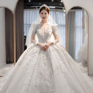 Váy Cưới Công Chúa tay dài phối phồng ĐÍNH châu Đá Đuôi 3m phong cách Âu cao cấp ( Hàng, Giá Tận Xưởng )