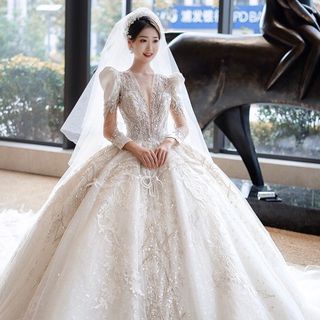 Váy Cưới Công Chúa tay dài phối phồng ĐÍNH châu Đá không đuôi phong cách Âu cao cấp ( Hàng, Giá Tận Xưởng )