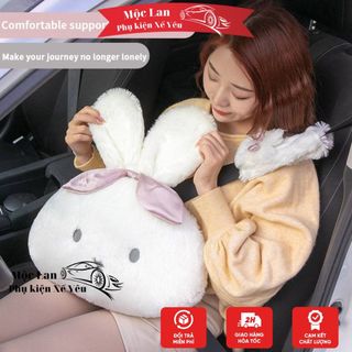 (Sẵn) Bộ Gối Tựa Đầu Tựa Lưng Trên Ô Tô Hình Thỏ Bông Dễ Thương - thỏ tai dài có nơ sử dụng trong văn phòng làm việc