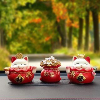 Hũ tiền đỏ trang trí ô tô, bàn làm việc, trang trí kèm tượng mèo thần tài chất liệu thạch cao