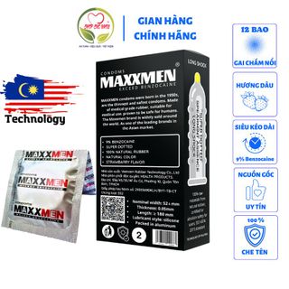 Bao cao su chống xuất tinh sớm Maxxmen 5in1 Prolong 12 cái, với 500 hạt gai nổi lớn cực đã, kéo dài cực đỉnh, gel silicon cao nhất