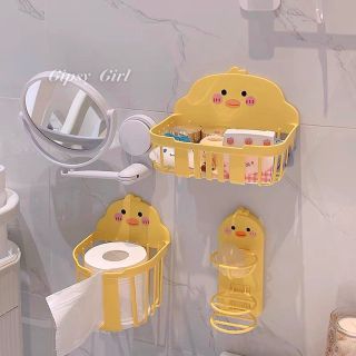 Bộ 3 cái  Khay Giỏ Đựng Đồ Phụ Kiện Nhà Tắm Hộp Khăn Giấy Treo Tường Con Vịt Vàng