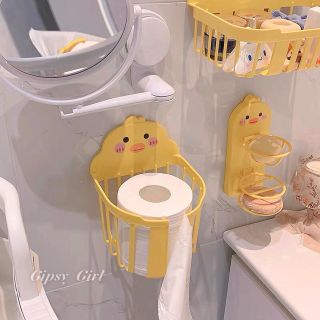 Bộ 3 cái  Khay Giỏ Đựng Đồ Phụ Kiện Nhà Tắm Hộp Khăn Giấy Treo Tường Con Vịt Vàng