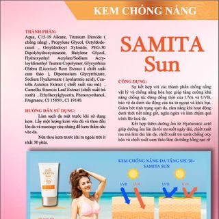 Kém chống nắng chuyên sâu SAMITA SUN SPF50+ Giúp chống nắng, chống tia UVA và UVB. Giảm bớt tình trạng sạm da, rám nắng, lão hoá da. (Tuýp 50gr)