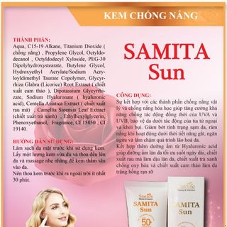 Kém chống nắng chuyên sâu SAMITA SUN SPF50+ Giúp chống nắng, chống tia UVA và UVB. Giảm bớt tình trạng sạm da, rám nắng, lão hoá da. (Tuýp 50gr)