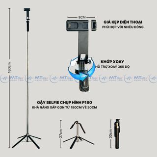 Gậy Selfie Khiêm Gimbal P180 Mới Nhất 2024 - Chụp Ảnh Từ Xa Bằng Điều Khiển Bluetooth Xoay 360 Độ Phù Hợp Với Nhiều Thiết Bị Chiều Dài Tối Đa 1m8