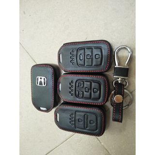 Bao Da Chìa Khoá Ô Tô HONDA City CRV Civic - Ốp Da Bò Thật Chỉ Đỏ Kèm Móc Khoá