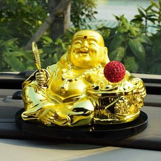 Trang trí taplo - Tượng phật ông di lặc mạ vàng có quả tú cầu may mắn xoay bằng năng lượng mặt trời tặng vòng hạt 108