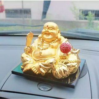 Trang trí taplo - Tượng phật ông di lặc mạ vàng có quả tú cầu may mắn xoay bằng năng lượng mặt trời tặng vòng hạt 108