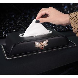 (Màu đen) Hộp đựng khăn giấy trên ô tô bằng da đính đá sang trọng