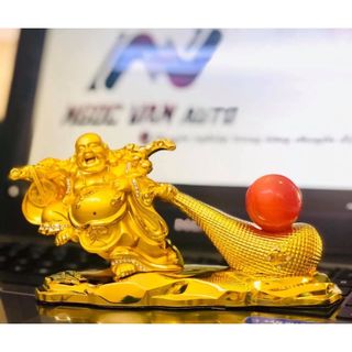 Tượng Phật Di Lặc mạ vàng kéo bao tiền vàng may mắn - trang trí taplo ô tô, bàn làm việc - tặng vòng hạt ngọc