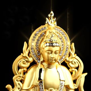 Tượng Phật Bà Quan Thế Âm Bồ Tát hai mặt tọa đài sen vàng đính đá cao cấp trang trí Taplo Ô Tô Xe Hơi mạ vàng