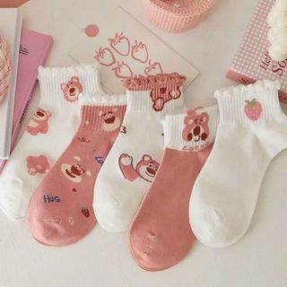 Set 5 đôi tất gấu dâu màu trắng cổ ngắn cute dễ thương sll sỉ Thanh Thảo