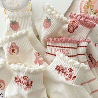 Set 5 đôi tất gấu dâu màu trắng cổ ngắn cute dễ thương sll sỉ Thanh Thảo