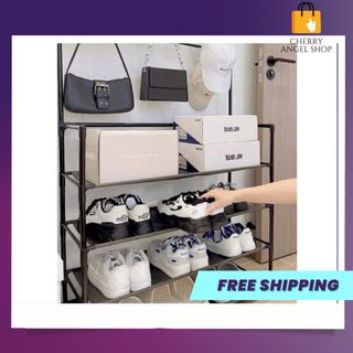 Kệ để giày dép chữ L 2 màu 4 tầng thông minh, thiết kế treo đồ đa năng, chất liệu thép chịu lực tốt