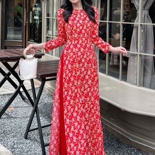 [HCM] Áo dài hoa nhí tay phồng AD028 - Khánh Linh Style - Lady Fashion