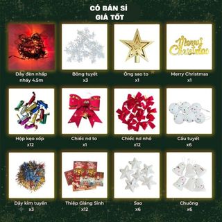 Cây thông noel 1m6 đầy đủ phụ kiện, cây thông noel đi kèm bộ phụ kiện trang trí giáng sinh siêu lung linh