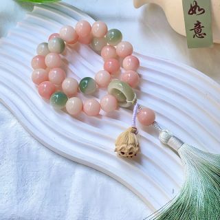 Vòng Hạt Phong Thuỷ Đá Hồng Mix Nhẫn , Sen Cầu May Mắn, Bình An 14mm 28hạt ( Order Hàng Giá Tận Xưởng )