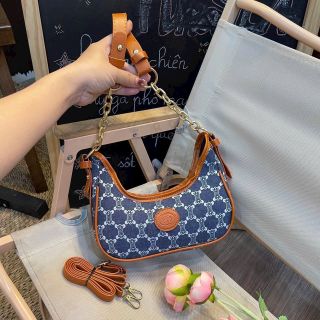 Túi Xách Denim Hình Bán Nguyệt Phong Cách Retro Âu Mỹ
