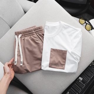 Quần áo thun Set bộ Men túi Thun cotton mịn 100% cotton Quần thun da cá Chất mềm - co giãn đàn hồi tốt