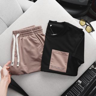 Quần áo thun Set bộ Men túi Thun cotton mịn 100% cotton Quần thun da cá Chất mềm - co giãn đàn hồi tốt