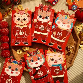 BAO LÌ XÌ Tết 2024, Set Bao Lì Xì Giáp Thìn Hình Rồng 3Chieu In Nổi ( Set 6Cai 6 mẫu )