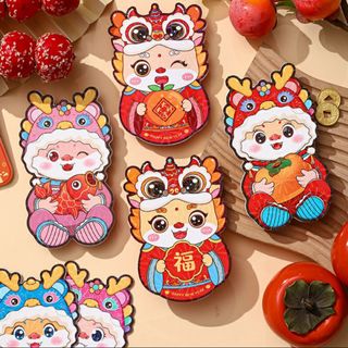 BAO LÌ XÌ Tết 2024, Set Bao Lì Xì 3 Chiều Hình Giáp Thìn  viền Gold Nền Ánh Xà Cừ Bóng ( Set 6Cai 6 mẫu )