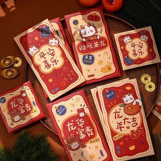 BAO LÌ XÌ 2024, Set Bao Lì Xì TẾT 2024 Đỏ Vàng In Nổi ( Set 6Cai 6 mẫu )