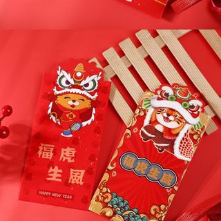 BAO LÌ XÌ 2024, Set Bao Lì Xì Đỏ 3 Chiều viền Vàng phối mẫu cực yêu ( Set 6Cai 6 mẫu )