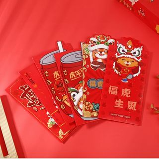BAO LÌ XÌ 2024, Set Bao Lì Xì Đỏ 3 Chiều viền Vàng phối mẫu cực yêu ( Set 6Cai 6 mẫu )