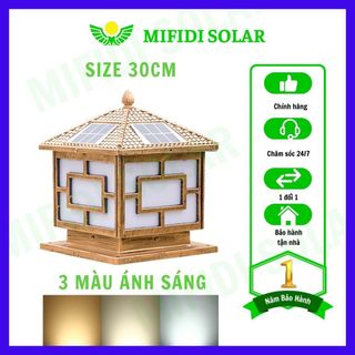 Đèn Trụ cổng năng lượng mặt trời 30cm vuông hình cây tùng, họa tiết vuông, khung nhôm cao cấp. 4 chế độ màu tiện lợi giá sỉ