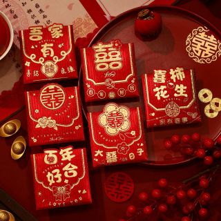 BAO LÌ XÌ TẾT 2024, Bao Lì Xì Lụa Đỏ Nhũ Sọc 2 chiều Sang Trọng ( set 6 cái 6 mẫu)