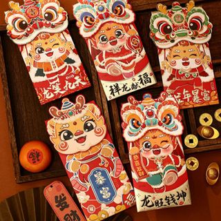 BAO LÌ XÌ TẾT 2024, Bao Lì Xì 3 chiều Giáp Thìn Đội Lân Siêu Tươi ( set 4 cái 4 mẫu)
