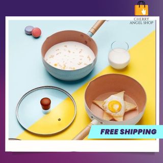 Chảo chống dính Ceramic đáy lòng sâu có tay cầm cán gỗ chống bỏng màu pastel lúa mạch/ CÓ SỈ