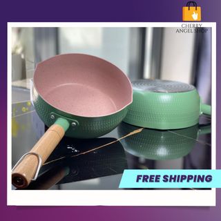 Chảo chống dính Ceramic đáy lòng sâu có tay cầm cán gỗ chống bỏng màu pastel lúa mạch/ CÓ SỈ