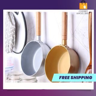Chảo chống dính Ceramic đáy lòng sâu có tay cầm cán gỗ chống bỏng màu pastel lúa mạch/ CÓ SỈ