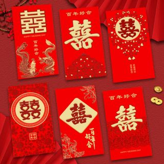 BAO LÌ XÌ TẾT 2024, Bao Lì Xì nền đỏ chữ vàng nhũ  ( 1goi 6 cái 6 mẫu )