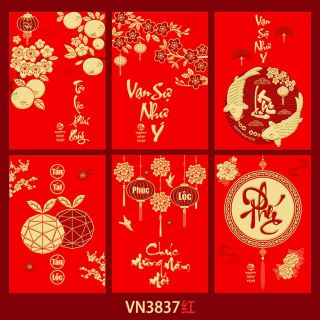 BAO LÌ XÌ TẾT 2024, Bao Lì Xì nền đỏ vàng chữ in nổi  vàng nhũ  ( 1goi 6 cái 6 mẫu )