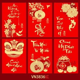 BAO LÌ XÌ TẾT 2024, Bao Lì Xì nền đỏ vàng chữ in nổi  vàng nhũ  ( 1goi 6 cái 6 mẫu )