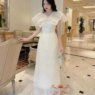SET ÁO DÀI CỔ REN NUDE CỔ V ĐÍNH NƠ+ QUẦN SUÔN TRẮNG