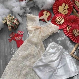 SET ÁO DÀI CỔ REN NUDE CỔ V ĐÍNH NƠ+ QUẦN SUÔN TRẮNG