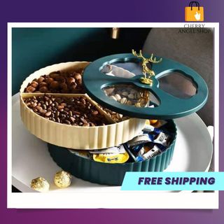 Khay Đựng Bánh Kẹo Mứt Tết 2 Tầng Phong Cách Châu Âu Tay Cầm Hình Hươu Vàng Có Nắp Đậy Bảo Vệ Đồ Ăn - cherryangleshop/ có sỉ