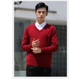 Áo Len nam màu Đỏ Cổ tim Tay dài dáng Ôm body Trơn hàng cao cấp Hà Đinh timvisco-do