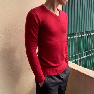 Áo Len nam màu Đỏ Cổ tim Tay dài dáng Ôm body Trơn hàng cao cấp Hà Đinh timvisco-do