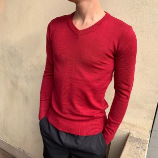 Áo Len nam màu Đỏ Cổ tim Tay dài dáng Ôm body Trơn hàng cao cấp Hà Đinh timvisco-do