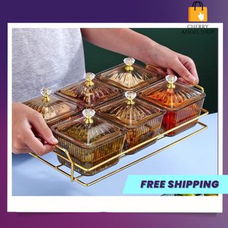 Khay Mứt Tết, Khay Đựng Mứt Tết 6 Ngăn Có Nắp Đậy Đựng Bánh Kẹo, Giá Inox 304 Mạ Vàng Titan Siêu Bền/ có sỉ