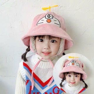 Mũ len rộng vành có bịt tai ấm áp cho bé trai bé gái hình Doremon