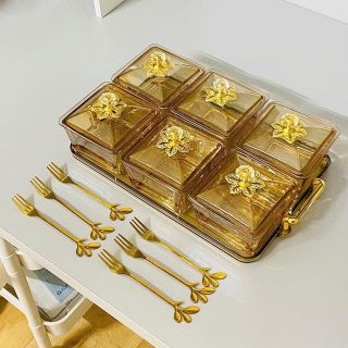 Set Khay mứt thuỷ Tinh Hoa mai kèm Nĩa 6cai sang Trọng