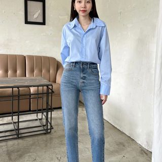 Quần Jeans Baggy Nữ Lưng Cao Co Giãn Nhẹ Màu Xanh Wash Cắt Lai Độc Đáo