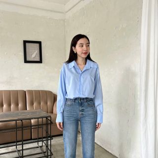 Quần Jeans Baggy Nữ Lưng Cao Co Giãn Nhẹ Màu Xanh Wash Cắt Lai Độc Đáo